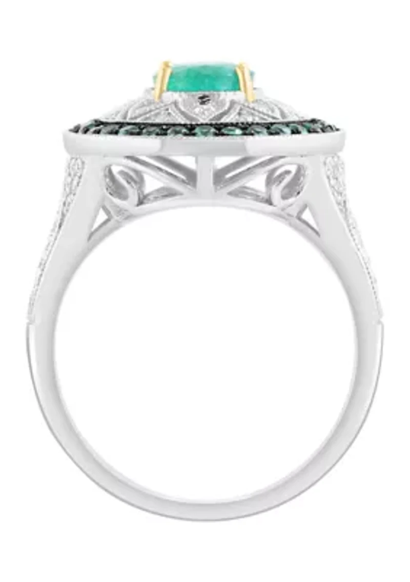 Sterling Silver Diamond and Natural Emerald Ring