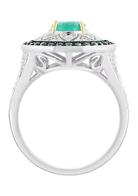 Sterling Silver Diamond and Natural Emerald Ring