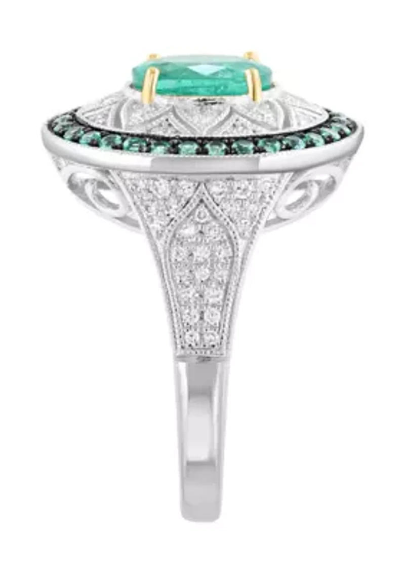 Sterling Silver Diamond and Natural Emerald Ring