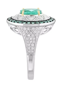 Sterling Silver Diamond and Natural Emerald Ring