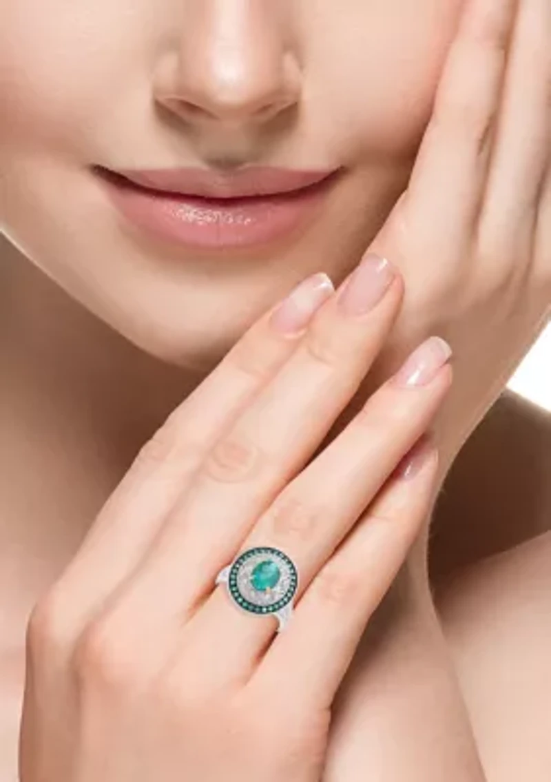 Sterling Silver Diamond and Natural Emerald Ring