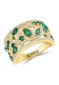 14K Yellow Gold Diamond, Natural Emerald Ring