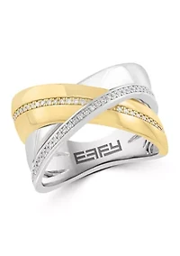 Sterling Silver 14KY Gold Crossover Diamond Ring