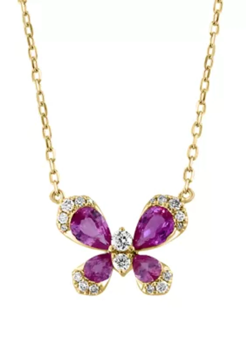 1/6 ct. t.w.  Diamond, Pink Sapphire Butterfly Necklace in 14k Yellow Gold