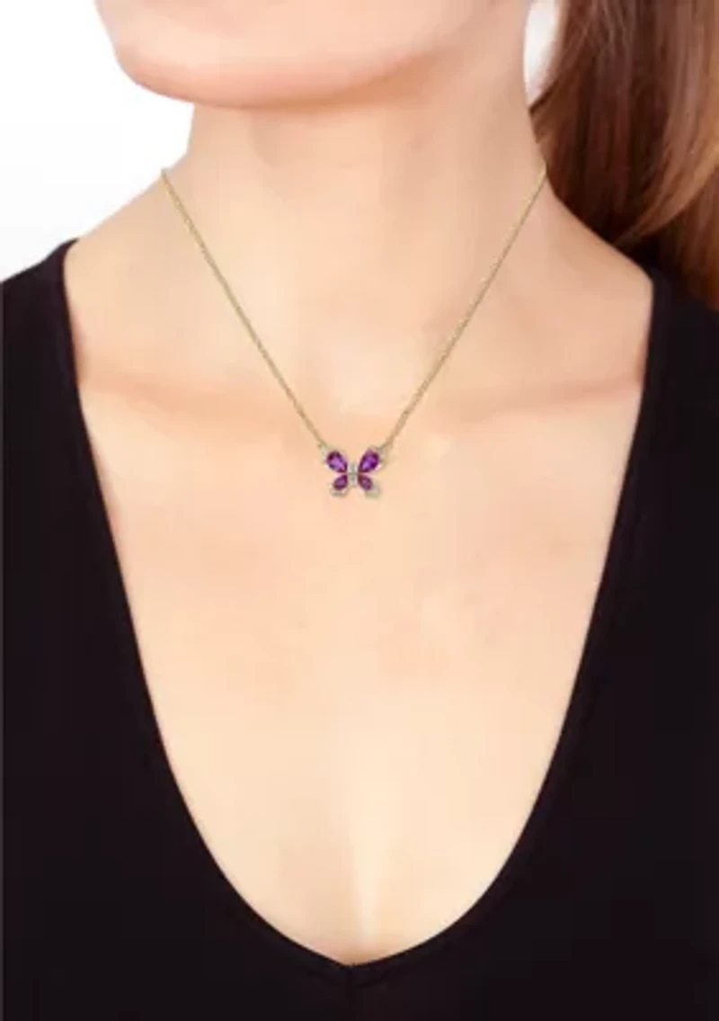 1/6 ct. t.w.  Diamond, Pink Sapphire Butterfly Necklace in 14k Yellow Gold