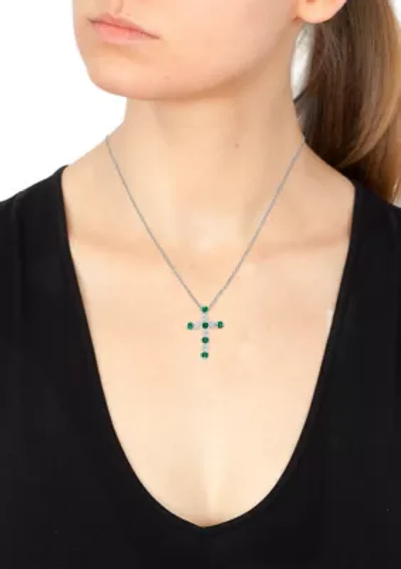 Diamond and Natural Emerald Pendant Necklace in Sterling Silver