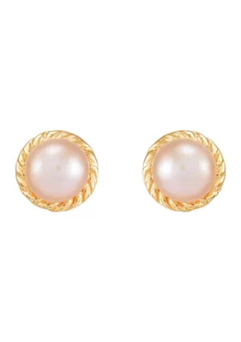 Pink Button Pearl Kid Earrings in 14K Yellow Gold