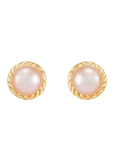 Pink Button Pearl Kid Earrings in 14K Yellow Gold