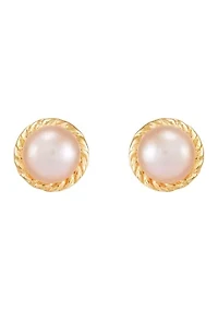 Pink Button Pearl Kid Earrings in 14K Yellow Gold