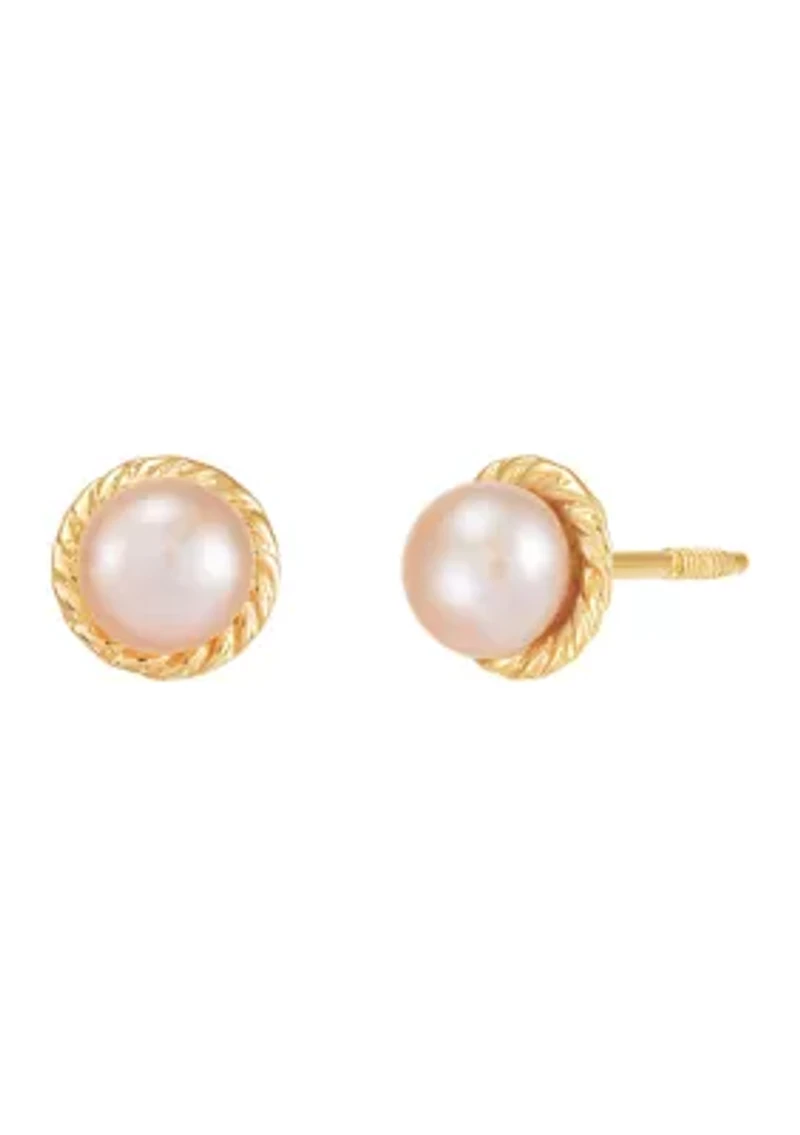 Pink Button Pearl Kid Earrings in 14K Yellow Gold