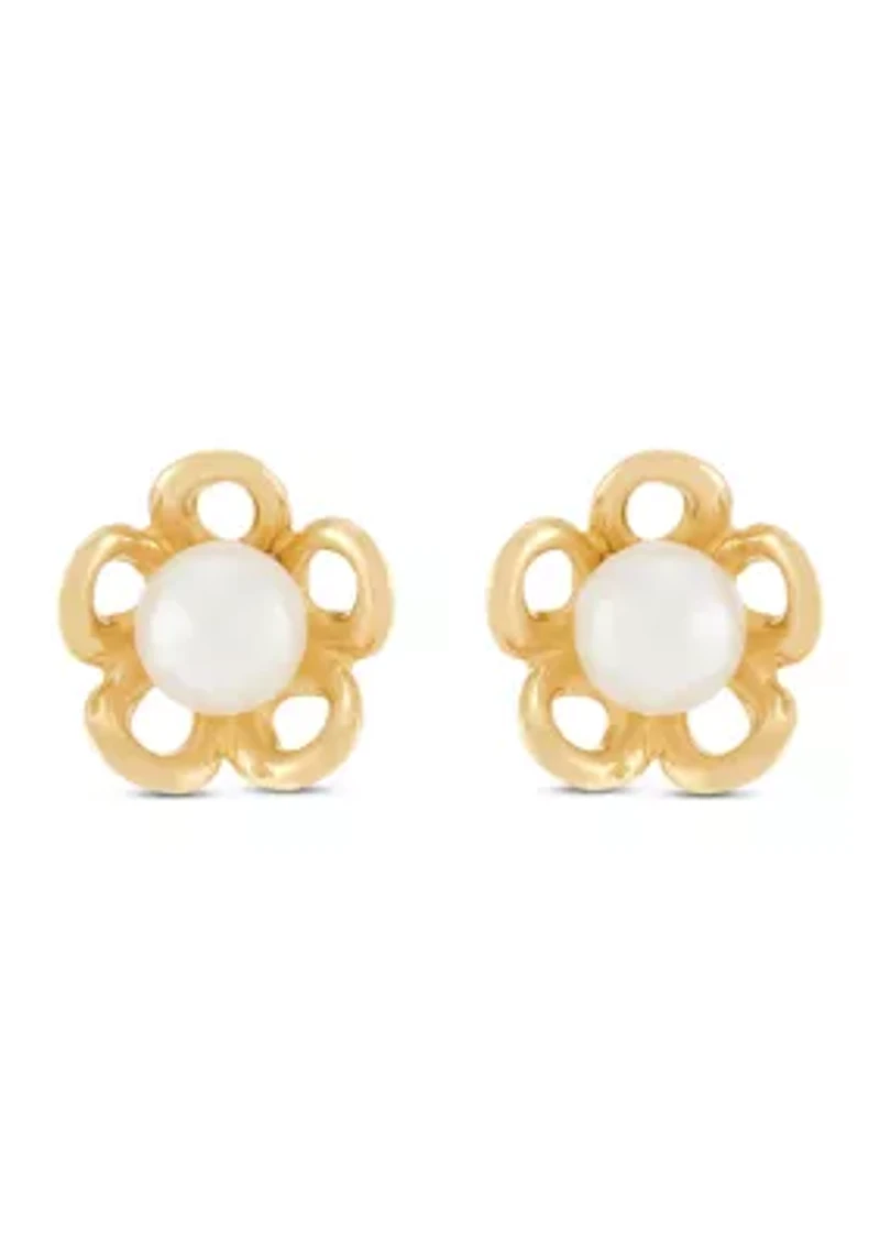 4 Millimeter Button Pearl Open Flower Earrings in 14K Yellow Gold