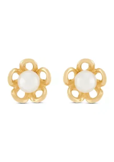 4 Millimeter Button Pearl Open Flower Earrings in 14K Yellow Gold