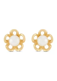 4 Millimeter Button Pearl Open Flower Earrings in 14K Yellow Gold