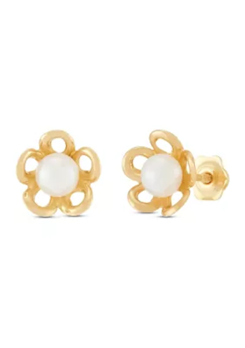 4 Millimeter Button Pearl Open Flower Earrings in 14K Yellow Gold