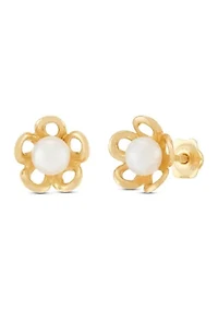 4 Millimeter Button Pearl Open Flower Earrings in 14K Yellow Gold