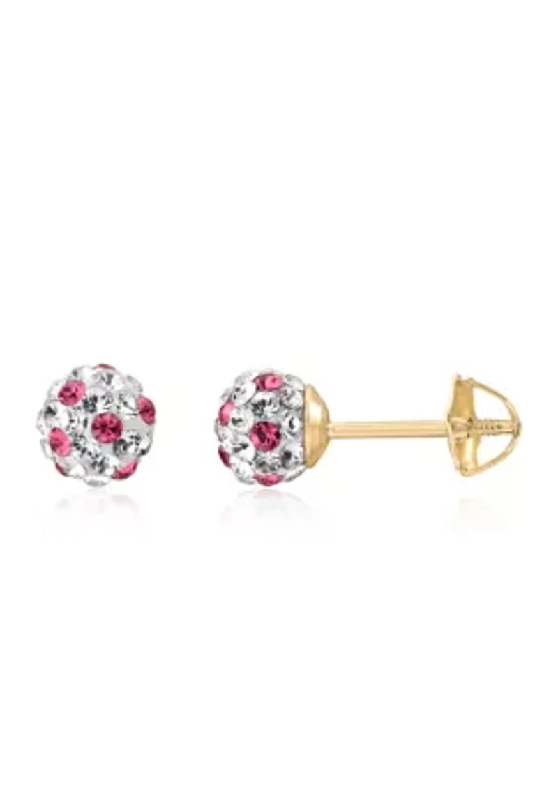 Kids Pink and White Crystal Stud Earrings in 14K Yellow Gold