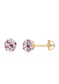 Kids Pink and White Crystal Stud Earrings in 14K Yellow Gold