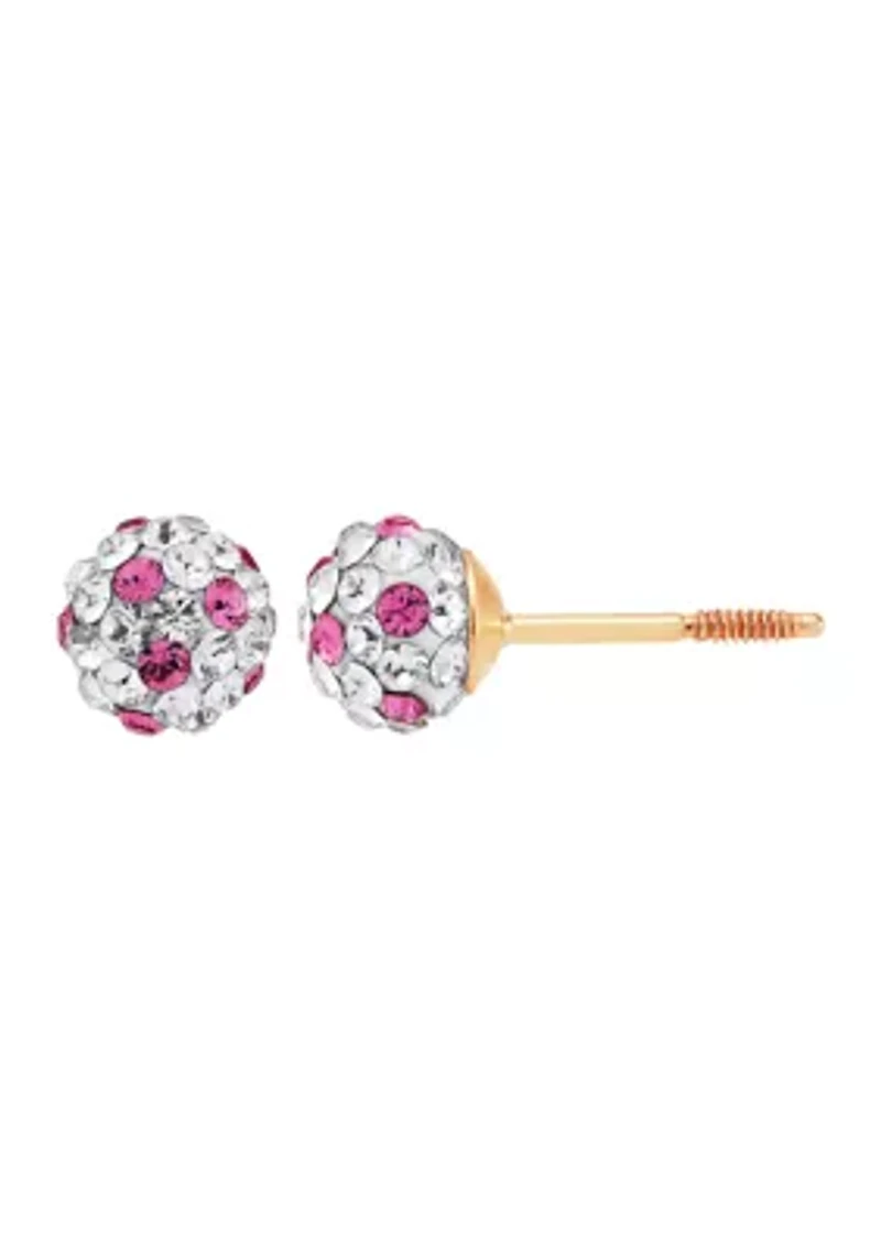 Kids Pink and White Crystal Stud Earrings in 14K Yellow Gold