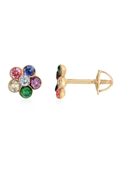 Kids Multi Cubic Zirconia Flower Earrings in 14K Yellow Gold
