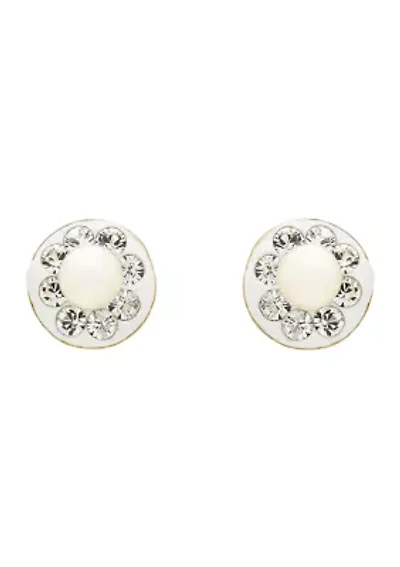 Kids Pearl and Crystal Stud Earrings in 14K Yellow Gold