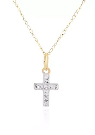 Kids White Crystal Cross Pendant in 14K Yellow Gold