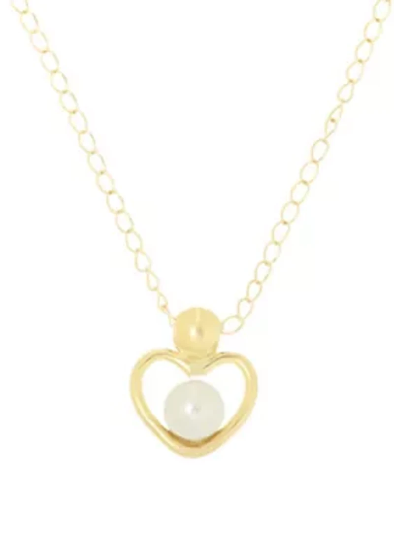 White Pearl Open Heart Pendant Necklace with 13" Curb Chain in 14K Yellow Gold