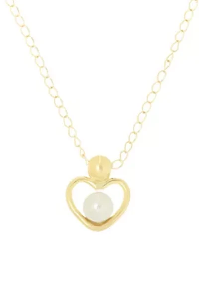 White Pearl Open Heart Pendant Necklace with 13" Curb Chain in 14K Yellow Gold