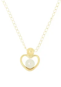 White Pearl Open Heart Pendant Necklace with 13" Curb Chain in 14K Yellow Gold