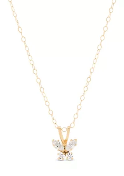 Cubic Zirconia Butterfly Kid Pendant Necklace with 15" Cable Chain in 14K Yellow Gold
