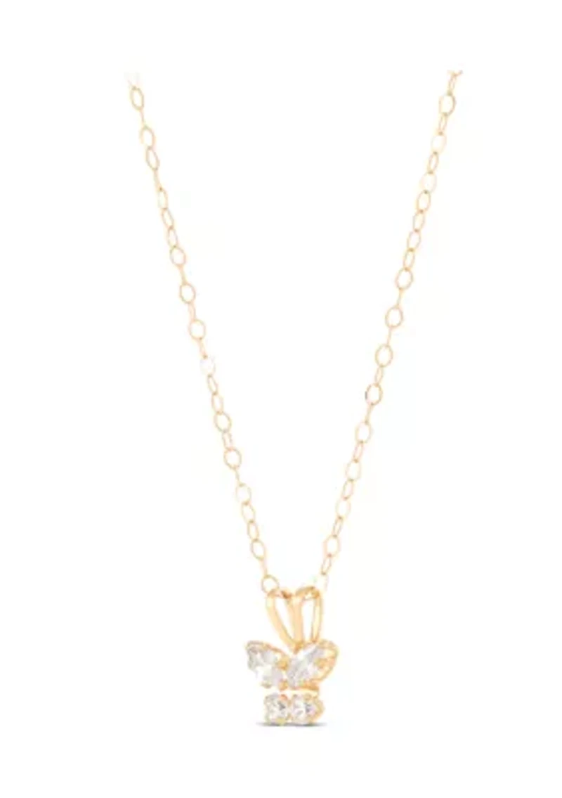 Cubic Zirconia Butterfly Kid Pendant Necklace with 15" Cable Chain in 14K Yellow Gold