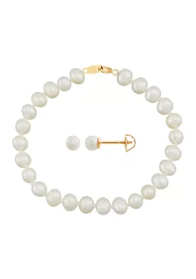 Pearl Bracelet and Earrings Set in 14K Yellow Gold