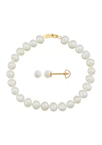 Pearl Bracelet and Earrings Set in 14K Yellow Gold