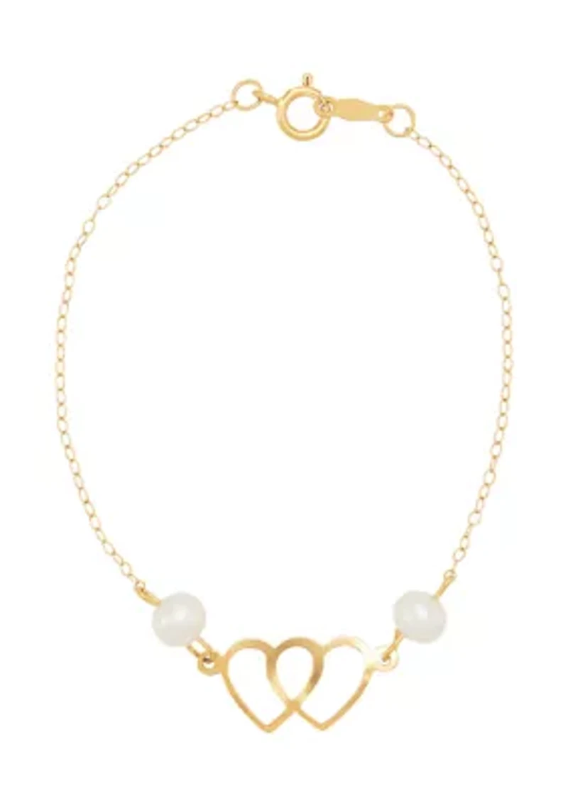 Pearl Double Heart Bracelet in 14K Yellow Gold