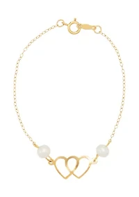 Pearl Double Heart Bracelet in 14K Yellow Gold
