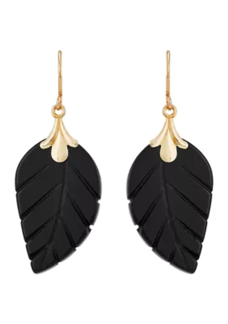 Onyx Leaf Earrings in 10K Yellow Gold