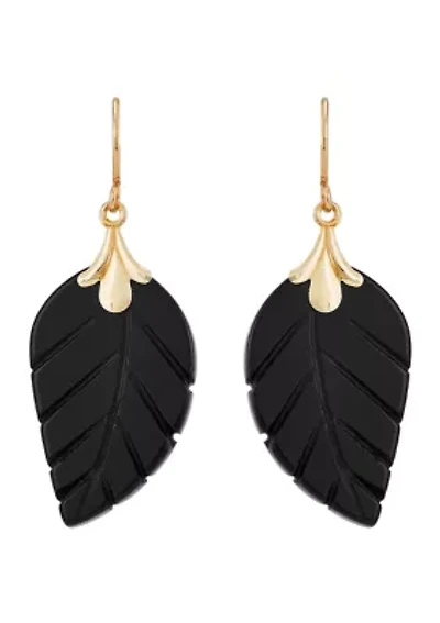 Onyx Leaf Earrings in 10K Yellow Gold