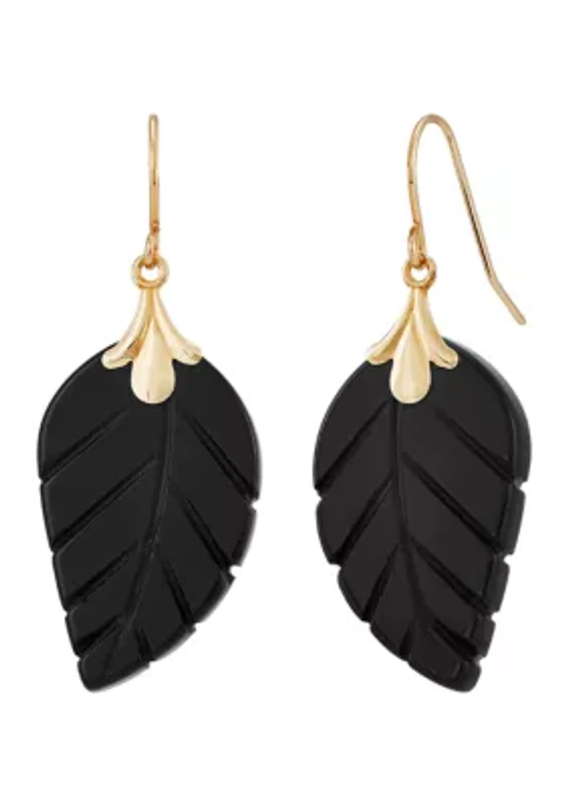Onyx Leaf Earrings in 10K Yellow Gold