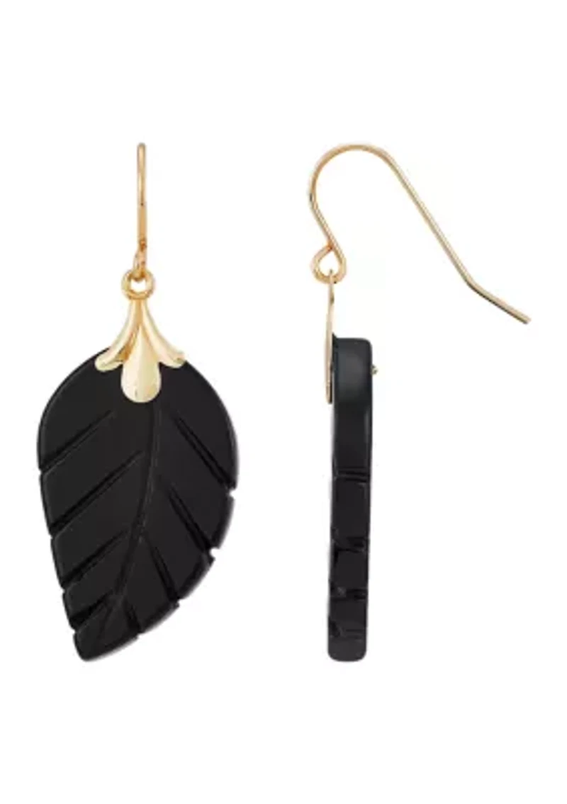 Onyx Leaf Earrings in 10K Yellow Gold