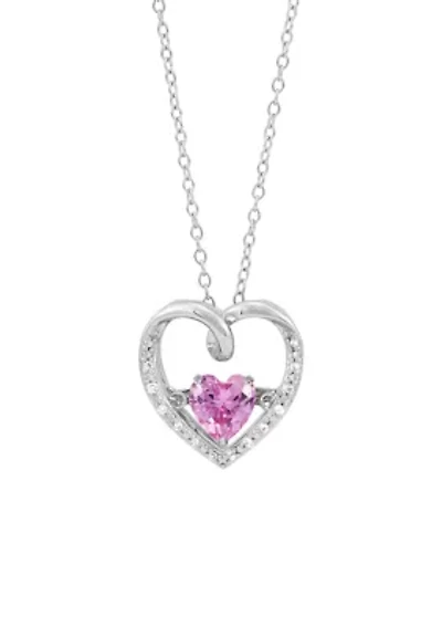 Lab Grown Pink Sapphire and Lab Grown White Sapphire Heart Dancing Pendant with 18" Cable Chain in Sterling Silver