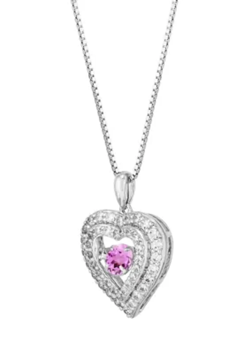 Lab Grown Pink Sapphire and Lab Grown White Sapphire Heart Pendant Necklace with 18" Cable Chain in Sterling Silver