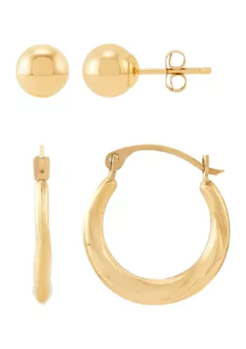 Hoop and Ball Stud Earrings Set in 10K Yellow Gold