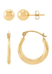 Hoop and Ball Stud Earrings Set in 10K Yellow Gold