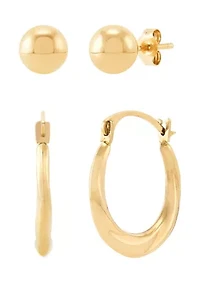 Hoop and Ball Stud Earrings Set in 10K Yellow Gold