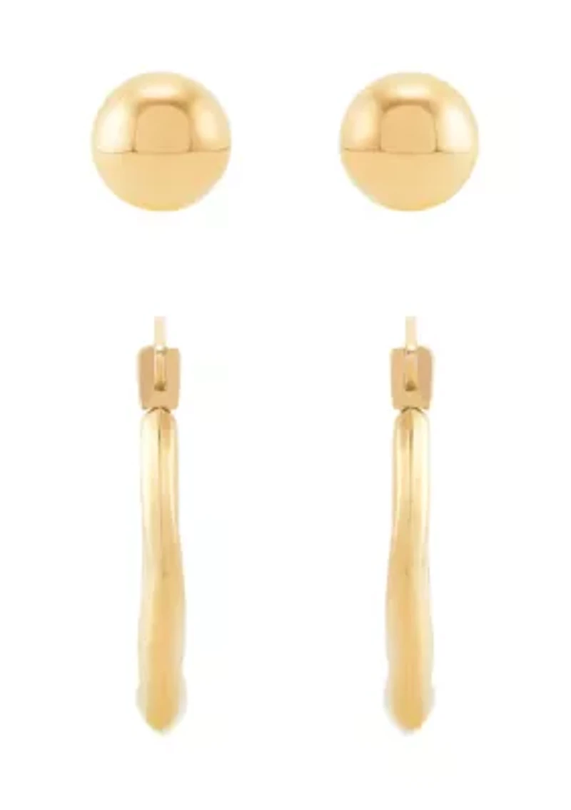 Hoop and Ball Stud Earrings Set in 10K Yellow Gold