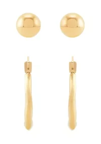Hoop and Ball Stud Earrings Set in 10K Yellow Gold