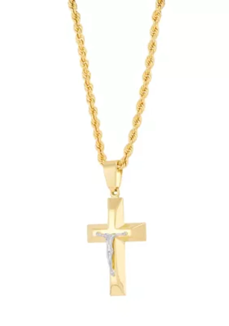 Cross and Crucifix Pendant with 20" Rope Chain in Gold Over Silver