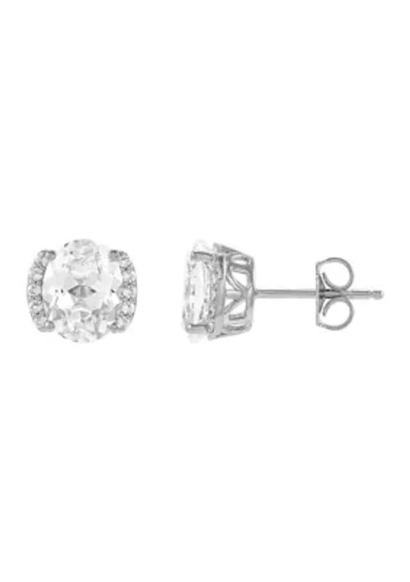 Lab Grown White Sapphire Pendant with 18" Cable Chain and Stud Earrings Set in Sterling Silver