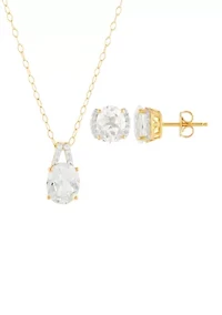 Lab Grown White Sapphire Pendant Necklace with 18" Cable Chain and Stud Earrings Set in Gold Over Sterling Silver