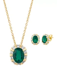 Lab Grown Emerald and White Sapphire Earrings and Pendant Necklace with 18" Cable Chain Set in Gold Over Sterling Silver and 3K White Gold