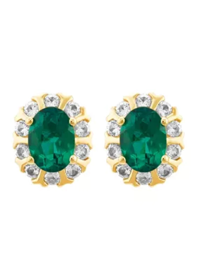Lab Grown Emerald and White Sapphire Earrings and Pendant Necklace with 18" Cable Chain Set in Gold Over Sterling Silver and 3K White Gold